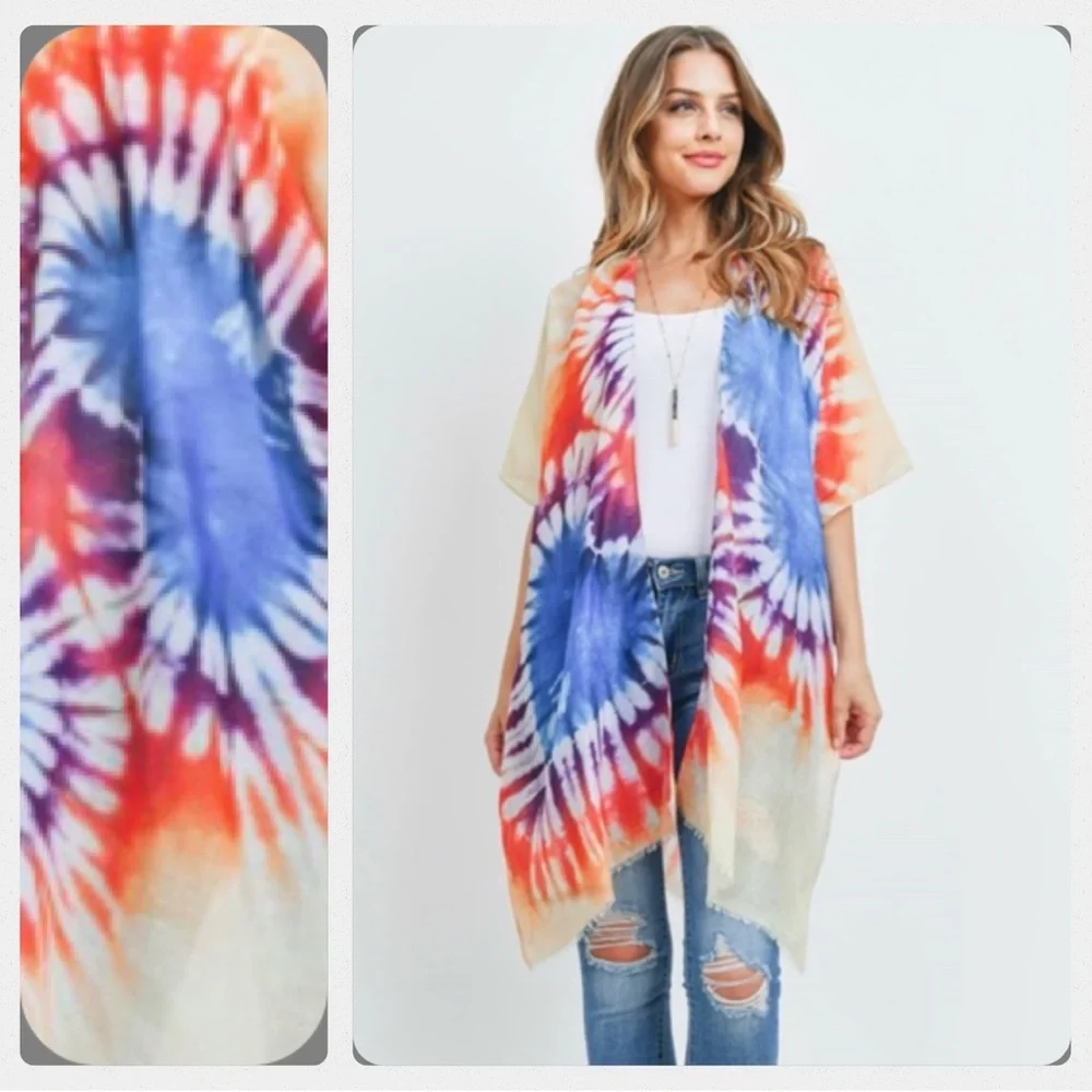 Boho Chic Kimono Wrap Robe Swim Coverup With Arms Tie Dye O/S Fits S-3XL - Picture 1 of 6
